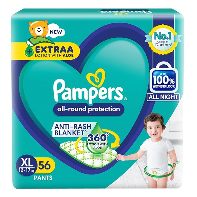 Pampers All round Protection Pants, Baby Diapers (Extra Large) 56 Count, Lotion with Aloe Vera