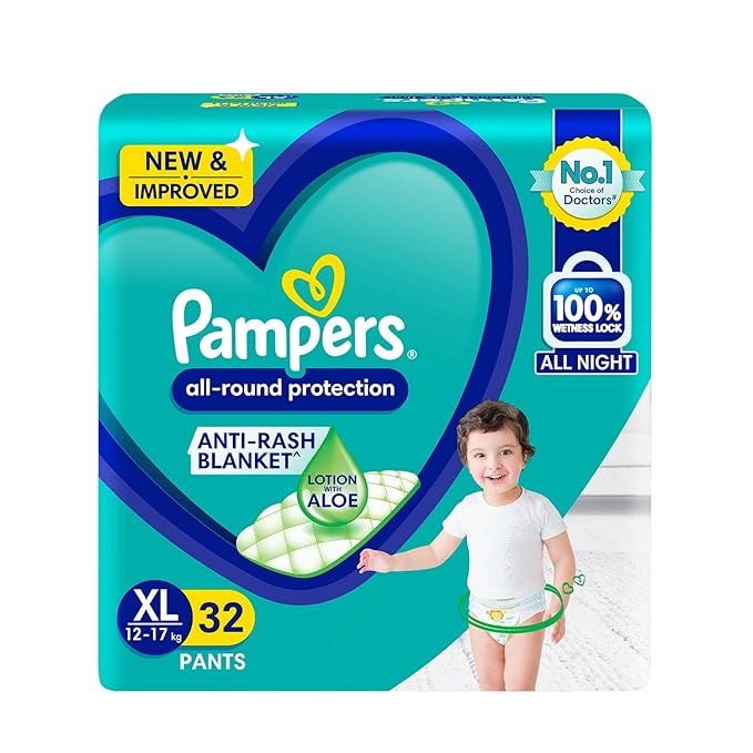 Pampers All round Protection Pants Baby Diapers (Extra Large) 32 Count, Lotion with Aloe Vera,